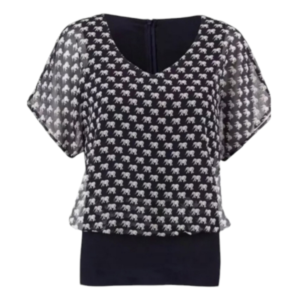 CAbi Women's Parade Blouse Elephant Print Blue White Size Medium Style 5345